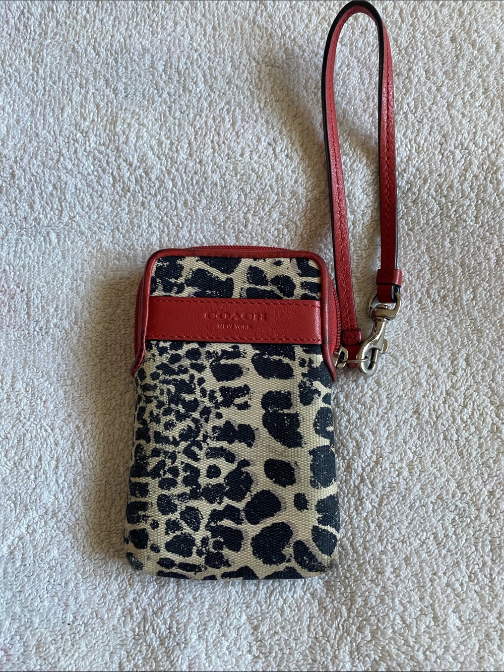 Coach Leopard Print Wristlet with Red Leather Trim